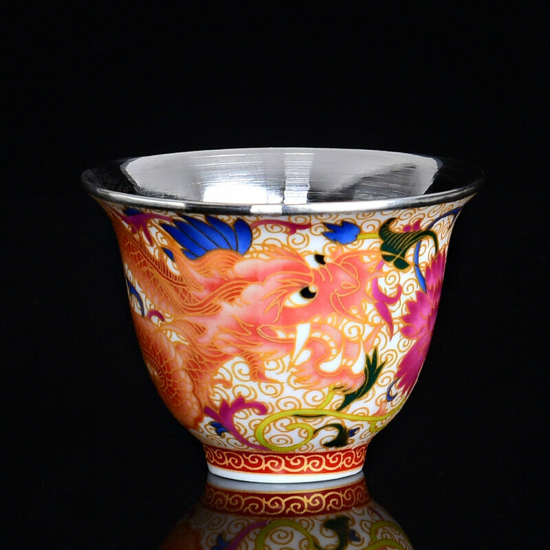 Popular high-end enamel color ceramic handmade silver-wrapped tea cup master cup (Longtenghuyue silver-wrapped cup)