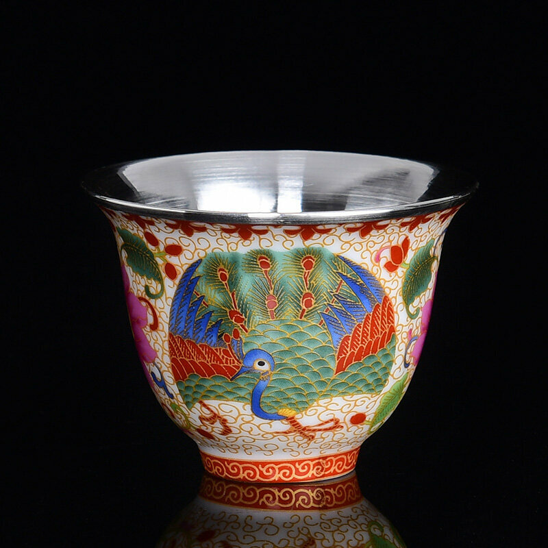 Popular high-end enamel colored ceramic handmade silver-wrapped teacup master cup (Peacock Spreading Screen Silver-wrapped Cup)