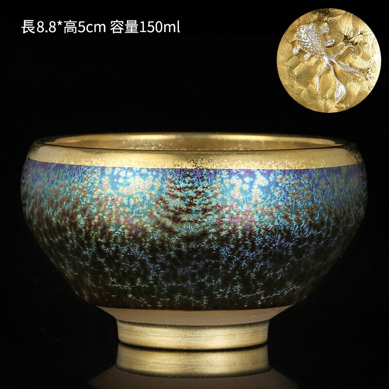 爆款高檔銀茶杯鎏金茶杯金油滴建盞天目盞窯變杯(高升杯-鑲銀魚）