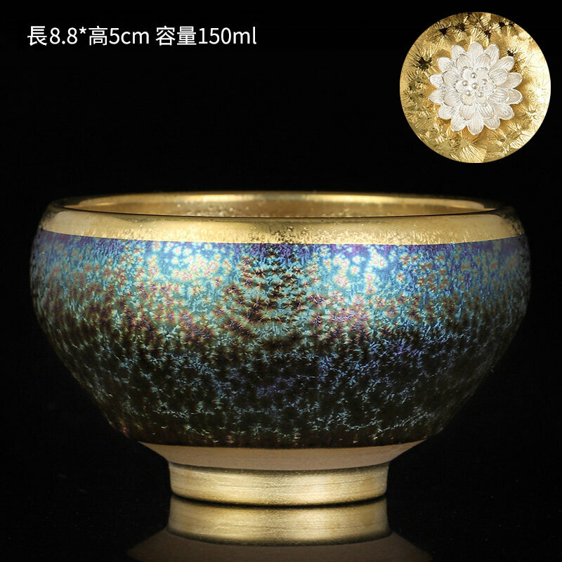 爆款高檔銀茶杯鎏金茶杯金油滴建盞天目盞窯變杯(高升杯-鑲銀花）