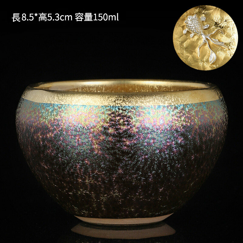 爆款高檔銀茶杯鎏金茶杯金油滴建盞天目盞窯變杯(富貴杯-鑲銀魚）