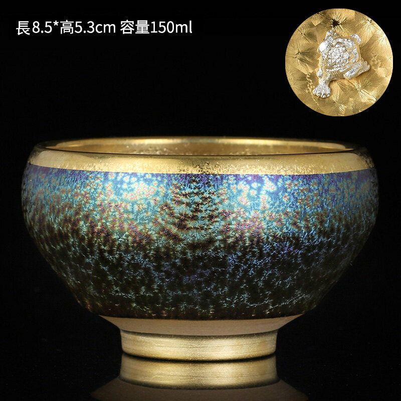 爆款高檔銀茶杯鎏金茶杯金油滴建盞天目盞窯變杯(高升杯-鑲銀金蟾）