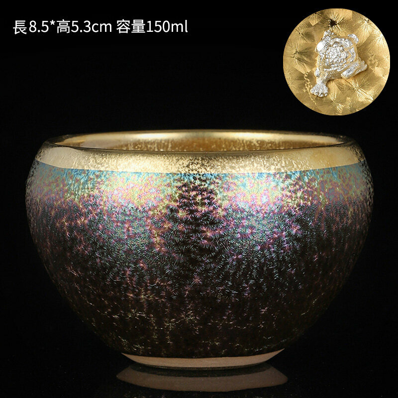 爆款高檔銀茶杯鎏金茶杯金油滴建盞天目盞窯變杯(富貴杯-鑲銀金蟾）