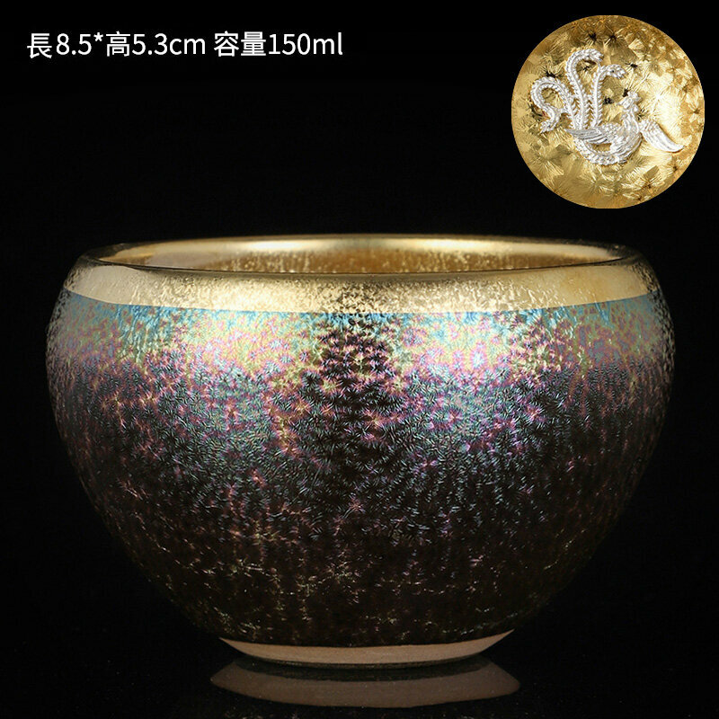 爆款高檔銀茶杯鎏金茶杯金油滴建盞天目盞窯變杯(富貴杯-鑲銀鳳）