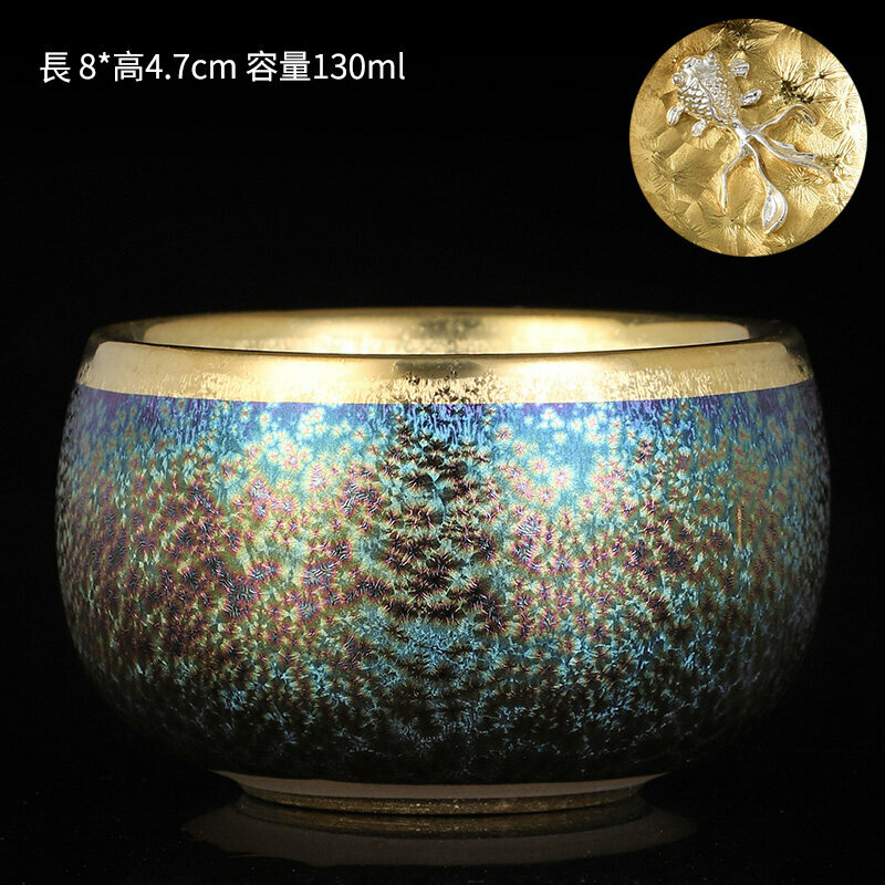 爆款高檔銀茶杯鎏金茶杯金油滴建盞天目盞窯變杯(福滿杯-鑲銀魚）