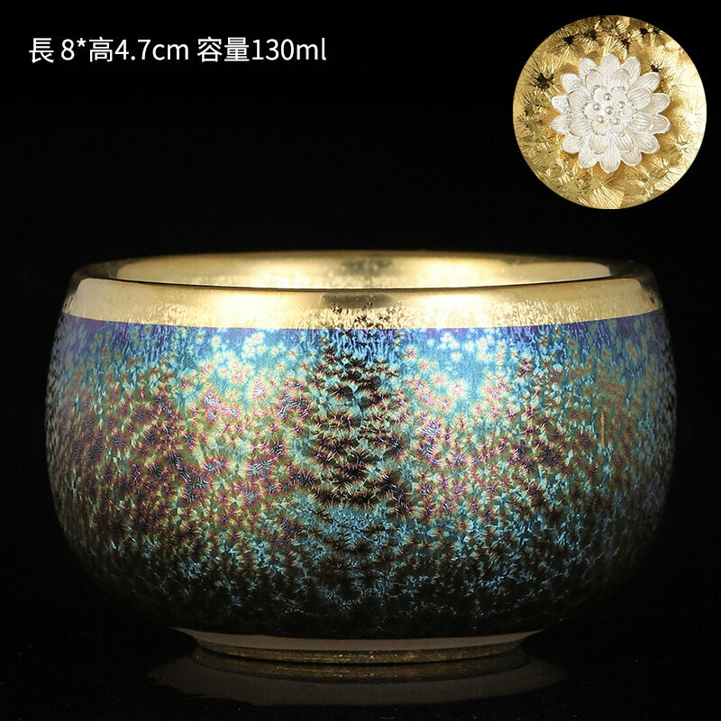 爆款高檔銀茶杯鎏金茶杯金油滴建盞天目盞窯變杯(福滿杯-鑲銀花）