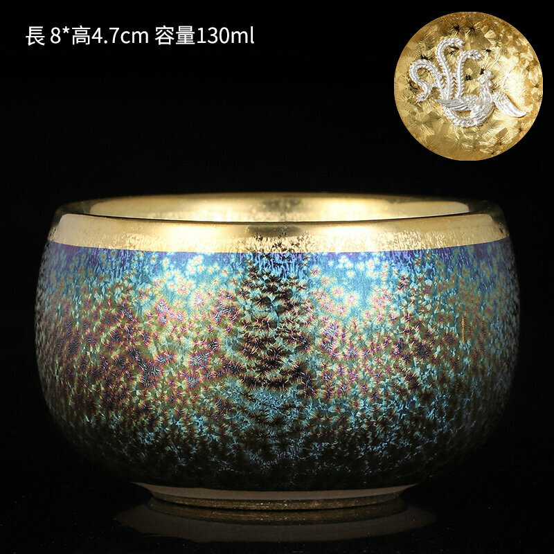 爆款高檔銀茶杯鎏金茶杯金油滴建盞天目盞窯變杯(福滿杯-鑲銀鳳）