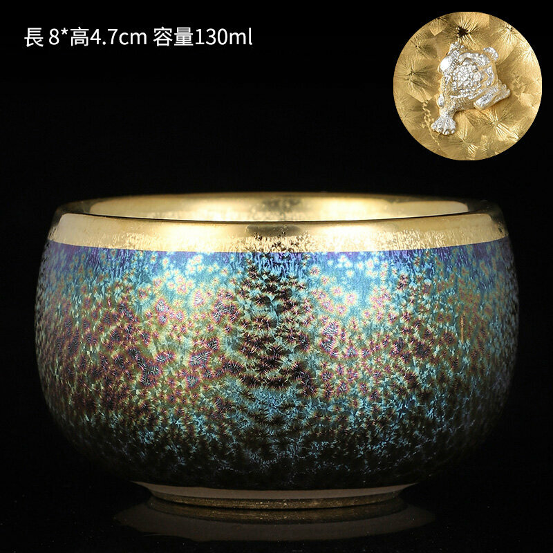 爆款高檔銀茶杯鎏金茶杯金油滴建盞天目盞窯變杯(福滿杯-鑲銀金蟾）