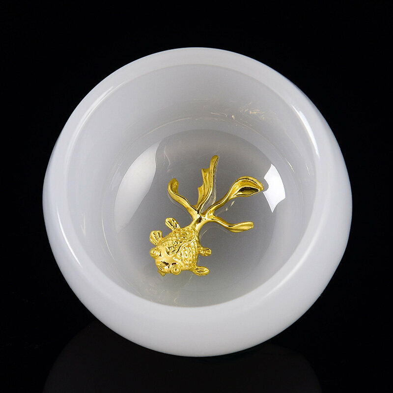 爆款高檔鑲銀茶杯品茗杯 白瓷茶盞主人杯(玉瓷-金魚）
