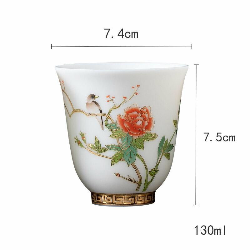 爆款高端羊脂玉茶杯功夫茶盞個人杯主人杯(羊脂玉鳥語花香-玉蘭杯）