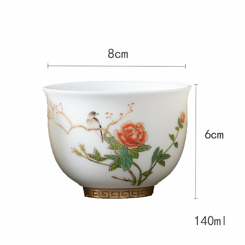 爆款高端羊脂玉茶杯功夫茶盞個人杯主人杯(羊脂玉鳥語花香-總裁杯）