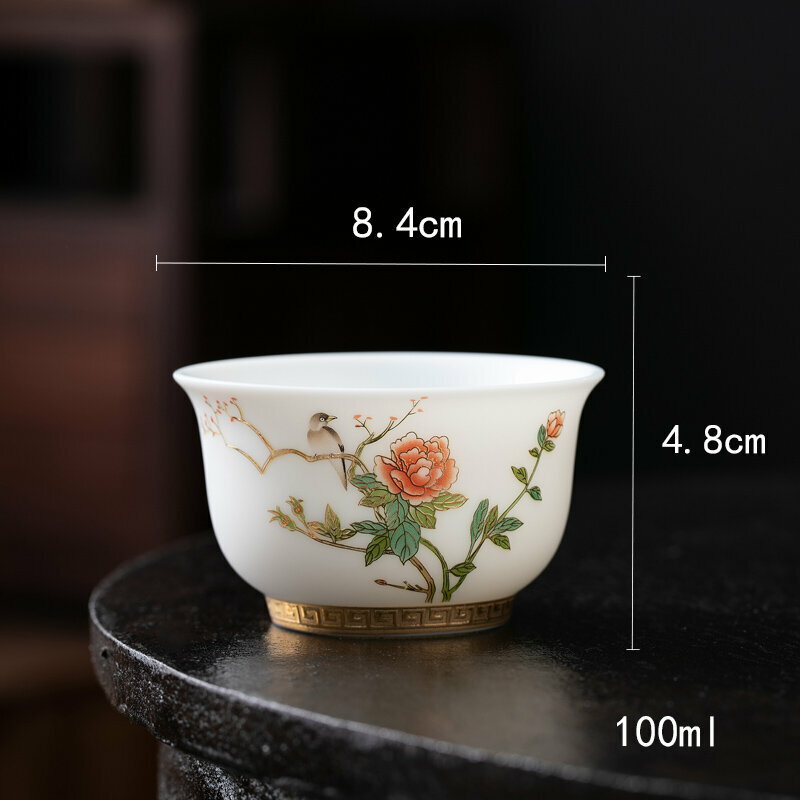 爆款高端羊脂玉茶杯功夫茶盞個人杯主人杯(羊脂玉鳥語花香-載物杯）