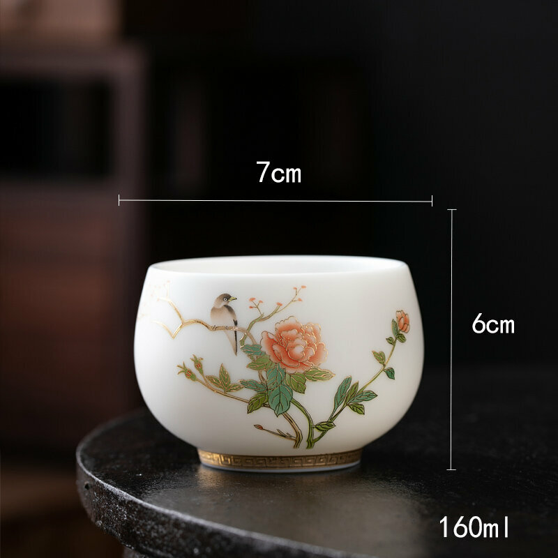 爆款高端羊脂玉茶杯功夫茶盞個人杯主人杯(羊脂玉鳥語花香-禪定杯）
