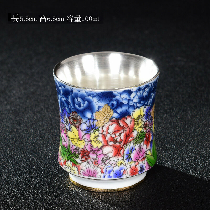 爆款高端琺瑯彩陶瓷喝茶杯銀杯子(百花齊放暖手杯）