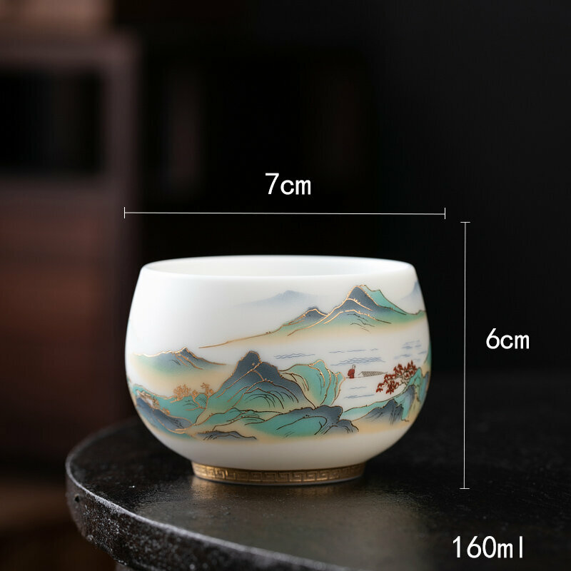 爆款高端羊脂玉茶杯功夫茶盞個人杯主人杯(羊脂玉千裏江山-禪定杯）