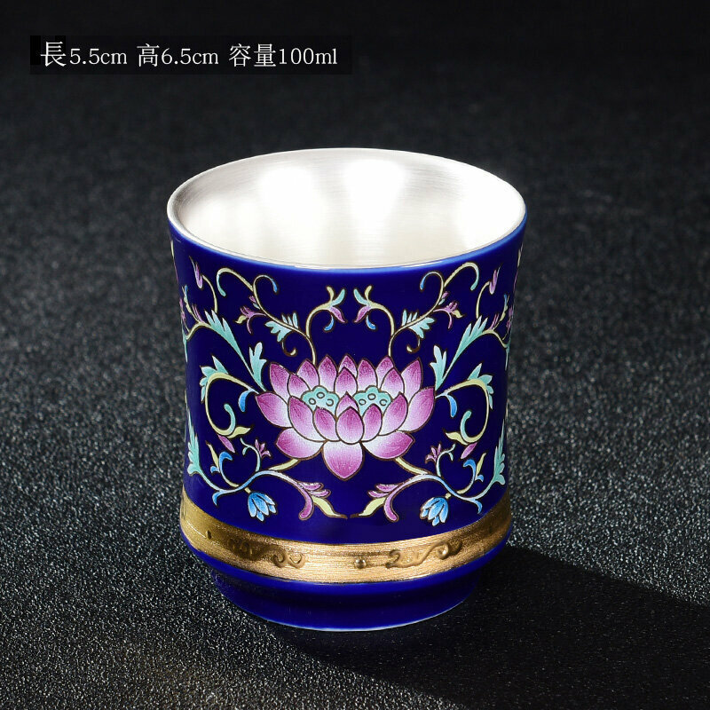 爆款高端琺瑯彩陶瓷喝茶杯銀杯子(藍蓮花暖手杯）