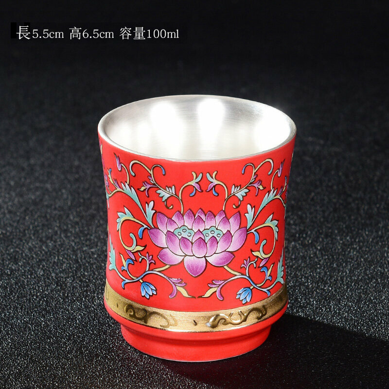 爆款高端琺瑯彩陶瓷喝茶杯銀杯子(紅蓮花暖手杯）