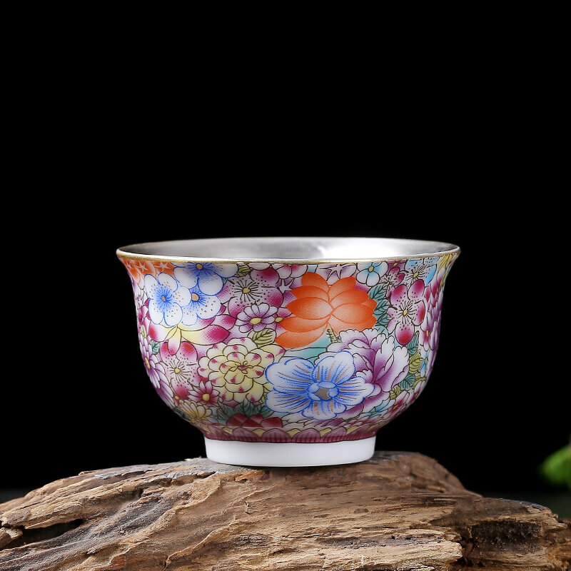 新款高端陶瓷銀杯子品茗杯主人杯(潤香杯-繁花似錦55毫升）