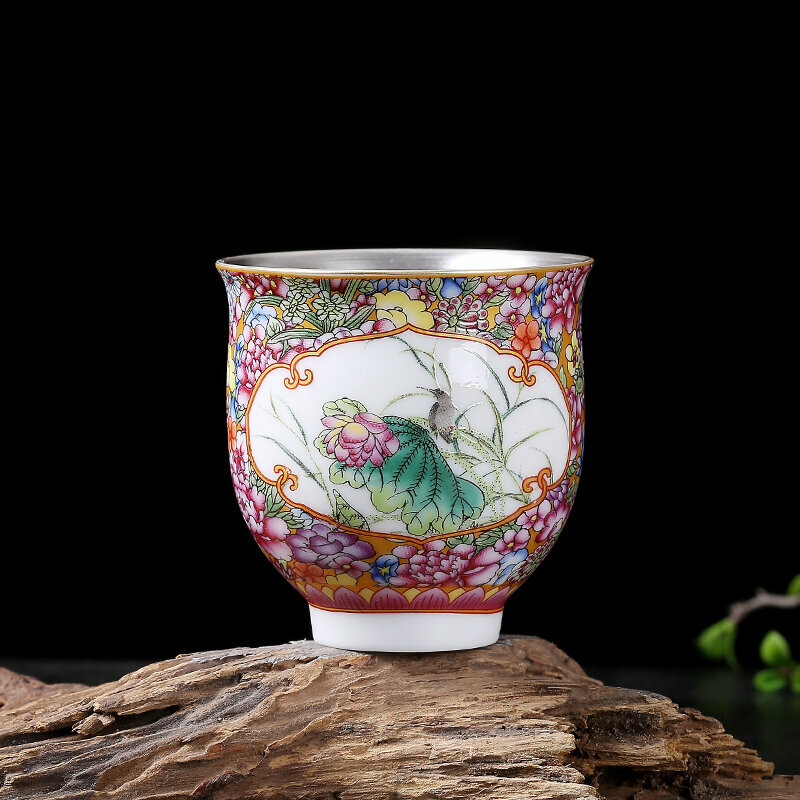 New high-end ceramic silver cup tea cup master cup (hand warmer cup-Spring Flower Blossoms 120ml)
