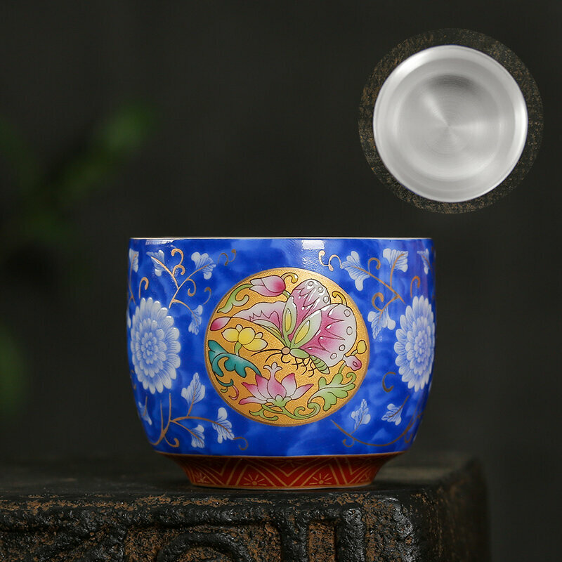 New high-end gilt silver teacup tea cup master cup (Yantong Tanchuang light blue - (sterling silver liner))