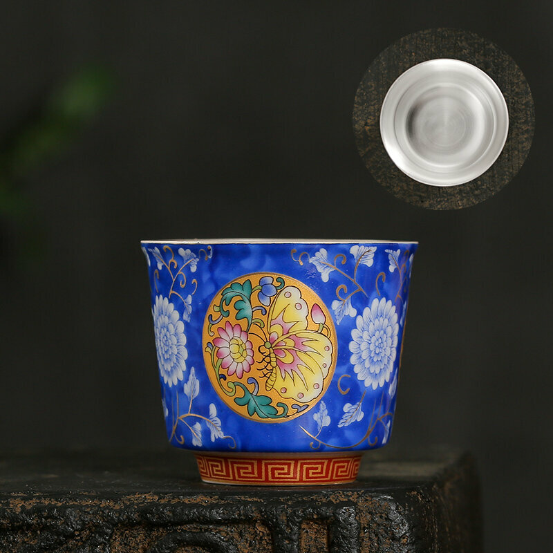 New high-end gilt silver teacup tea cup master cup (straight through the window light blue - (sterling silver liner))