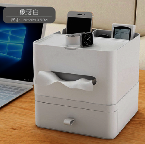 新款【雙層】梳粧檯置物整理桌面紙巾盒（象牙白）