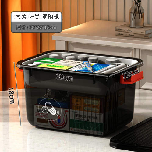 新款【大號+雙隔層】醫護藥品加厚塑膠應急收納盒（透黑色）