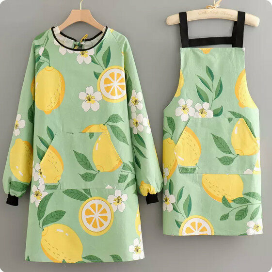 New apron [Canvas long-sleeved blouse lemon flower + suspenders] [Specifications: 105*98/70*76CM]
