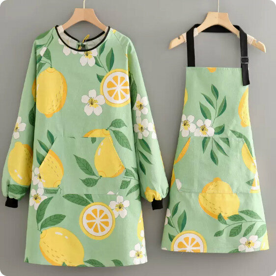 New apron [Canvas long-sleeved blouse lemon flower + halter neck] [Specifications: 105*98/70*76CM]