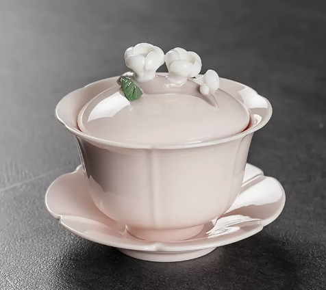 New Ge kiln covered bowl tea cup Sancai tea bowl (pink rhyme pinch flower) 9.3*9.3CM capacity 130ML