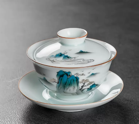 New Ge Kiln Cover Bowl Tea Cup Sancai Tea Bowl (Jinxiu Shanhe) (Short Style) 9.6*8.5CM Capacity 150ML