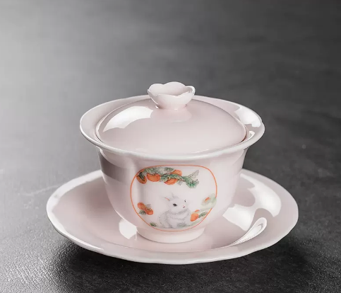 New Ge Kiln Covered Bowl Tea Cup Sancai Tea Bowl (Light Pink Jade Rabbit Nafu) 13.5*8.5CM Capacity 150ML