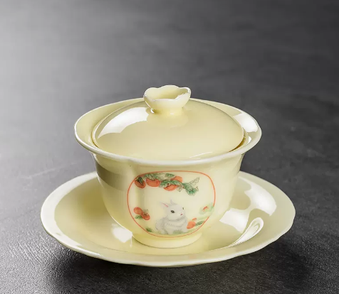 New Ge Kiln Covered Bowl Tea Cup Sancai Tea Bowl (Beige Jade Rabbit Nafu) 13.5*8.5CM Capacity 150ML