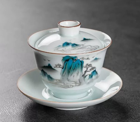 New Ge Kiln Cover Bowl Tea Cup Sancai Tea Bowl (Jinxiu Shanhe) (High Style) 9.6*9.6CM Capacity 150ML