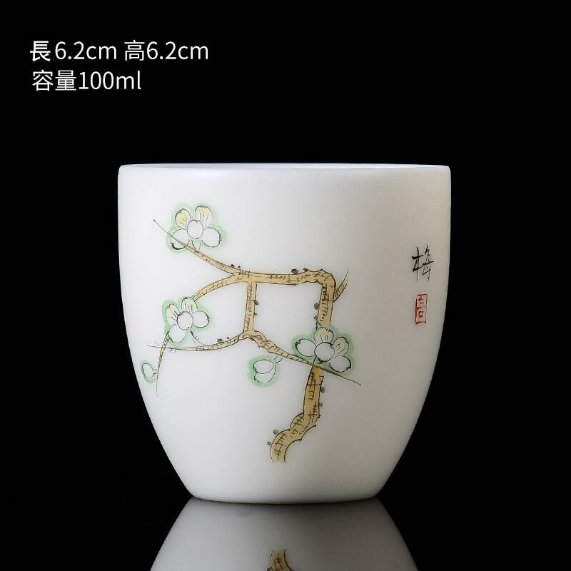 New high-end white porcelain hand-painted Twelve Flower God Cup mutton fat jade tea cup master cup (4 white porcelain plum blossoms)
