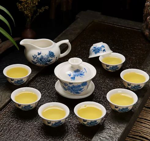 New 10-head 8-cup tureen kung fu tea set (blue peony)