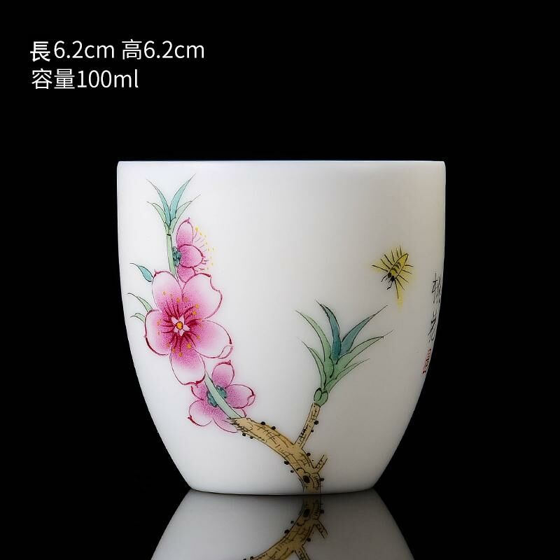 New high-end white porcelain hand-painted twelve-flower god cup mutton-fat jade tea cup master cup (5 white porcelain peach blossoms)