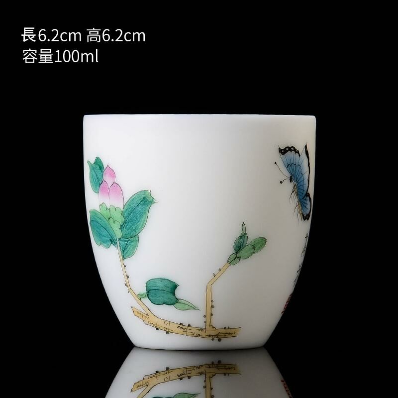 New high-end white porcelain hand-painted Twelve Flower God Cup mutton fat jade tea cup master cup (7 white porcelain camellias)