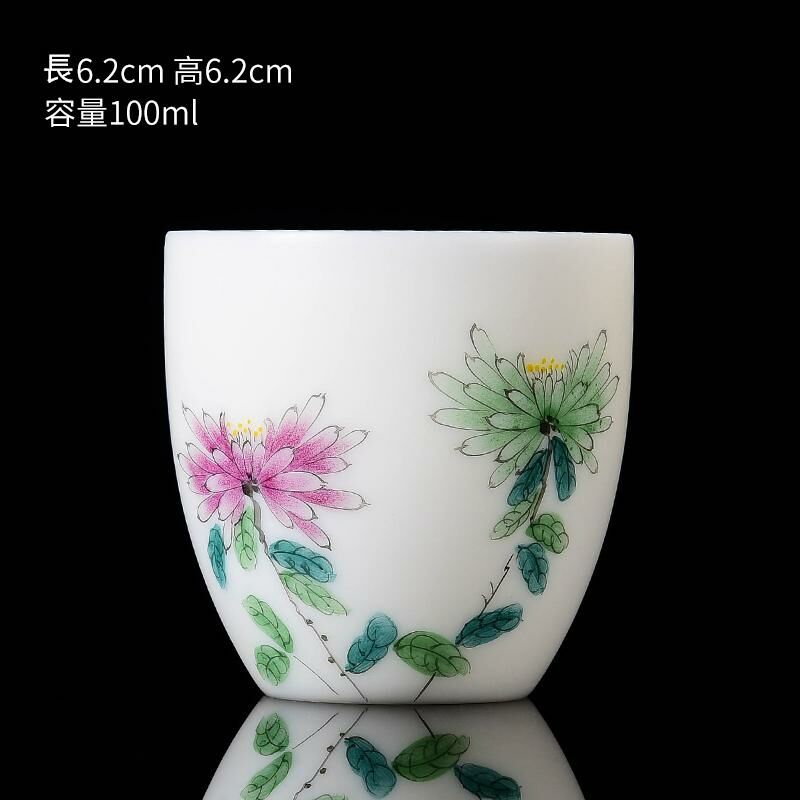 New high-end white porcelain hand-painted twelve-flower god cup mutton-fat jade tea cup master cup (8 white porcelain chrysanthemums)