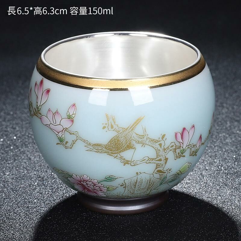 New high-end official kiln gilt silver teacup master cup (birds singing, flowers fragrant and sky blue)
