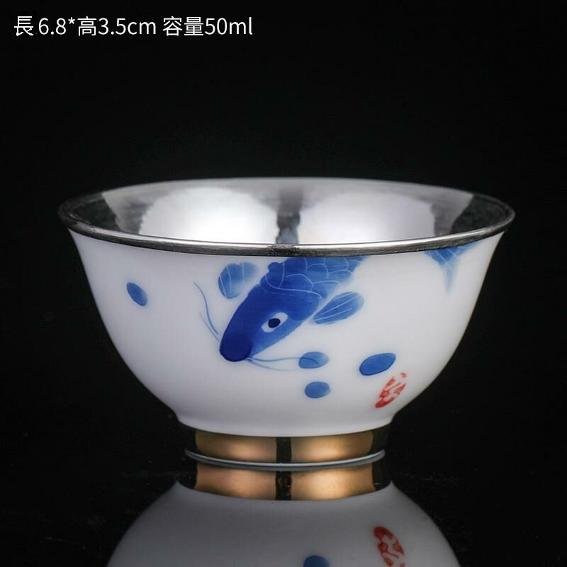 New high-end ceramic hand-painted silver tea cup master cup tea cup (koi wrapped silver cup)