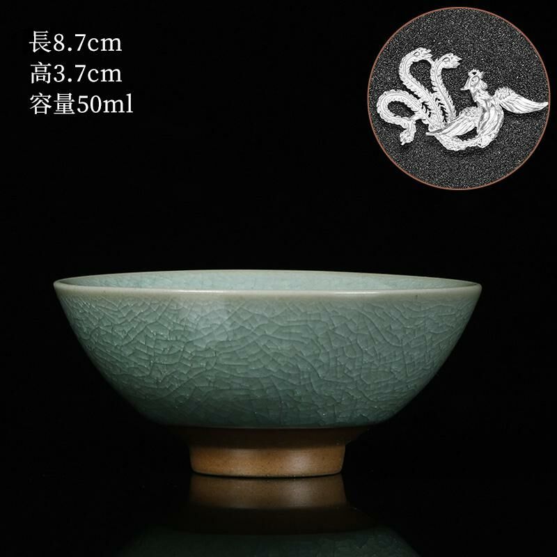 New high-end Ru kiln silver cup, built-in tea cup (19 Doufu cup inlaid-Phoenix)