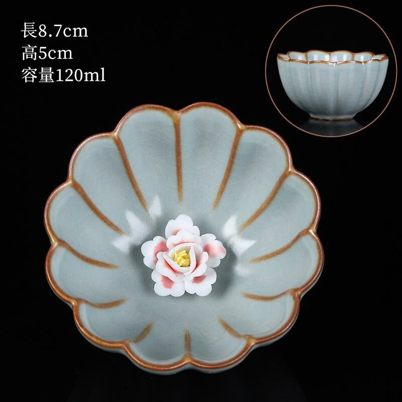 New high-end ceramic pinch flower tea cup Ru kiln tea cup (04 pinch flower slim cup-Tianqing)