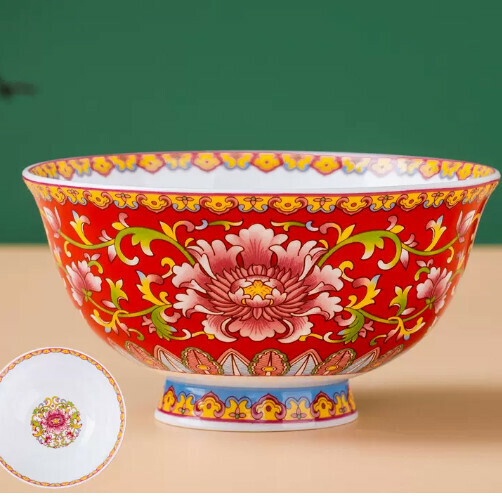 Hot selling ceramic tall bowl rice bowl (Shengshihuakai 4.5 inch tall bowl (red))