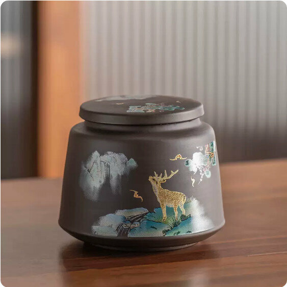 爆款家用紫砂茶葉罐(呦呦鹿鳴-小號)【尺寸：8.3*8.3*7cm/210ml】