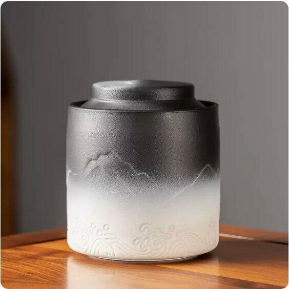 爆款粗陶家用茶葉罐(黑白漸變《弘山》)