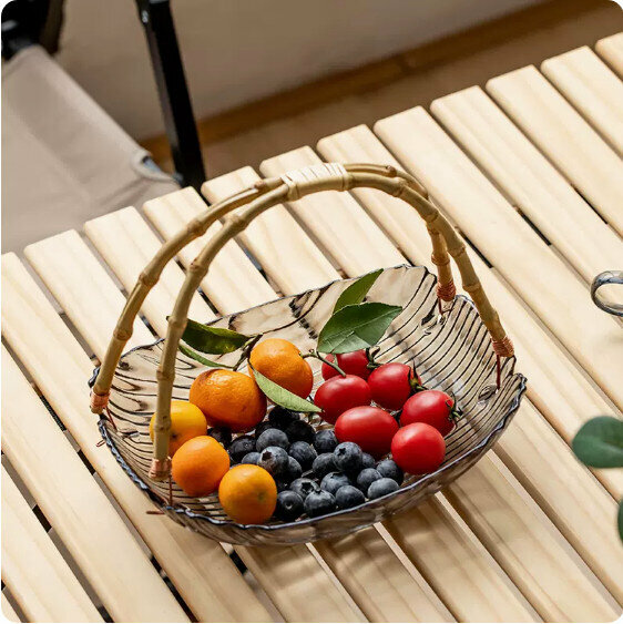 爆款家用客廳玻璃水果盤(青灰《手提》冰川玻璃果盤)