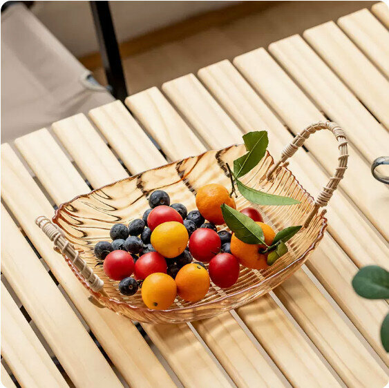 爆款家用客廳玻璃水果盤(琥珀《雙耳》冰川玻璃果盤)