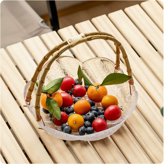 爆款家用客廳玻璃水果盤(透明《手提》花瓣玻璃果盤)