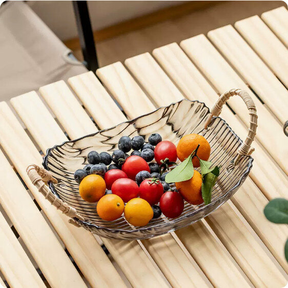 爆款家用客廳玻璃水果盤(青灰《雙耳》冰川玻璃果盤)